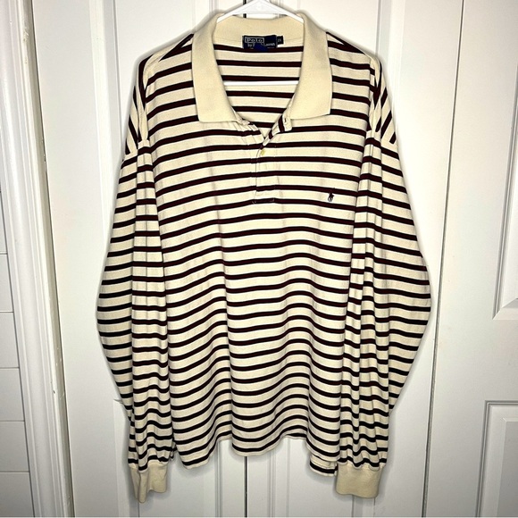 Polo Ralph Lauren Cream With Brown Stripes Long Sleeve Polo Size XXL 2XL Cotton - Picture 1 of 7